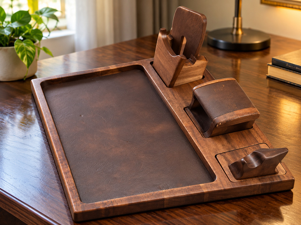 SHANIK Wooden Executive Desk Organizer Set Brown Wood Leatherette Writing Pad